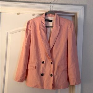 Zara Light Pink Double-Breasted Linen-Blend Blazer